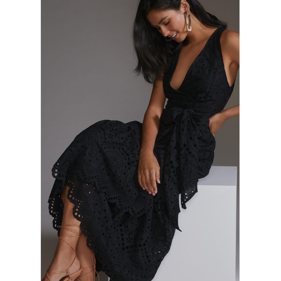 Anthropologie Maeve Eyelet Wrap Midi Dress Black ANTHRO NEW Summer party Maxi - Picture 7 of 9